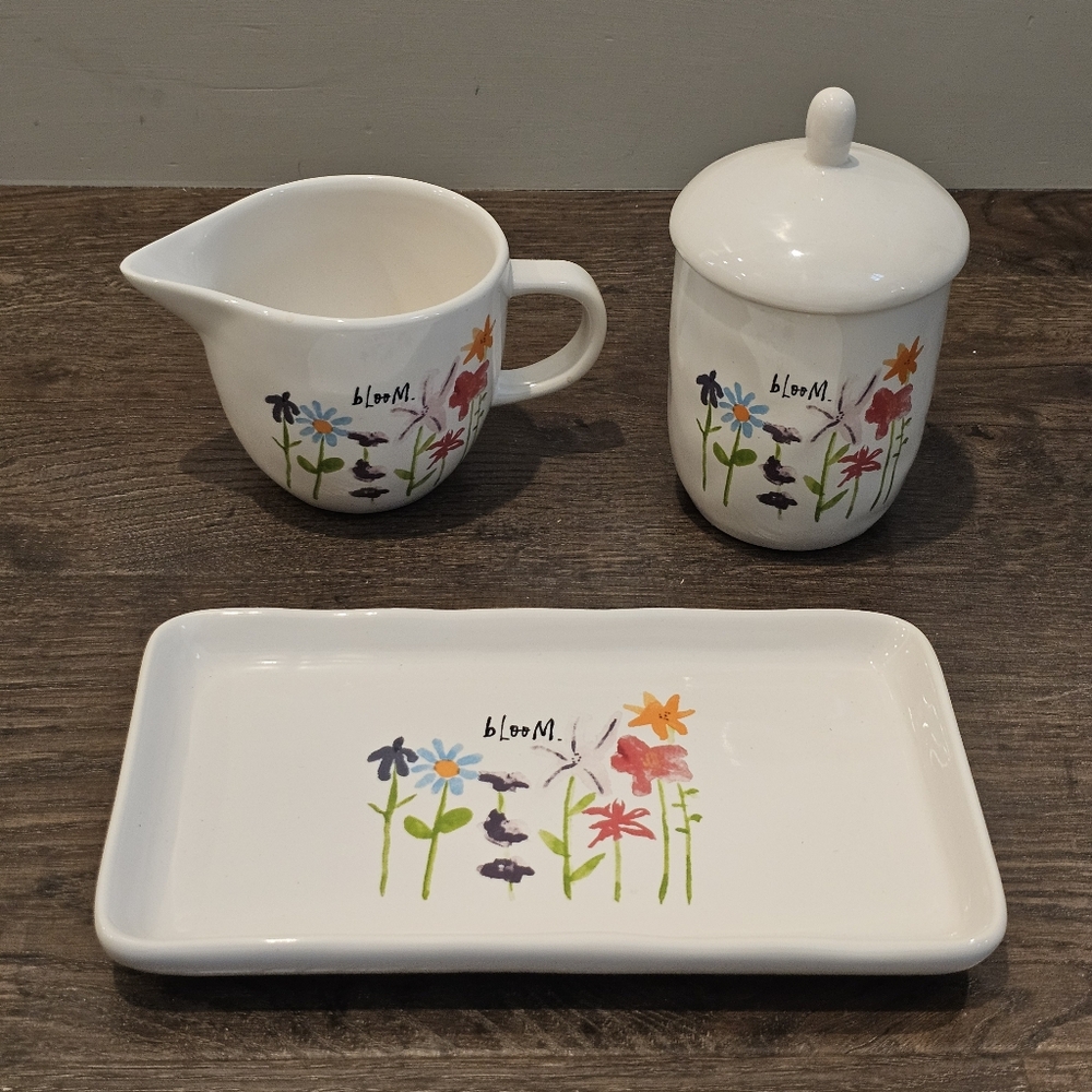 Rae Dunn Sugar/Cream & Tray Set "Bloom" Bundle